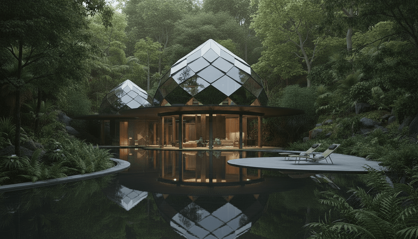 Contemporary building with reflective surfaces surrounded by nature
